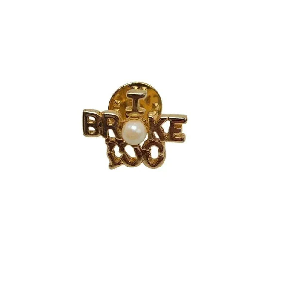 Faux Pearl I Broke 100 Lapel Pin Gold Tone Vintage